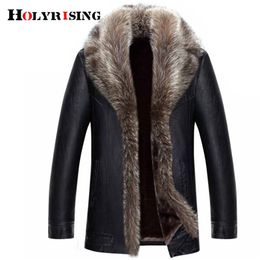 Holyrising Real Raccoon Fur Collar Men Faux Leather Jackets Winter Thicken Coat jaqueta de couro chaqueta Men PU Leather 18536-5 201216