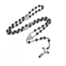 Black Hematite Catholic Rosary Necklace Cross Necklace Religious Ornament Prayer Jewerly