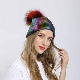 New Autumn Spring Knitted Beanie for Girls Raccoon Fur Pompom Acrylic Soft Warm Gold Stamp Strenchy Women Hats