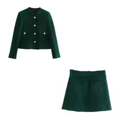 XEASY Tweed Women Two-piece Set Green Vintage Office Lady Single Breasted Blazer Female Casual Slim High Waist Skirt Suit 220302