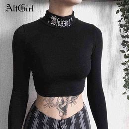 AltGirl Dark Goth T-shirt Women Blessed Letter Embroidered Turtleneck Slim Tumblr Clothes Y2K E-girl Punk Street Bottom Top Tees H1230