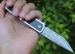 Promotion Damascus Flipper Folding Knife VG10 Damascus Steel Drop Point Blade Carbon Fiber & Steels Sheet Handle Knives