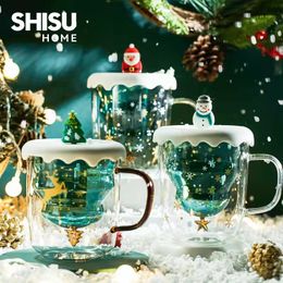Glass Mug Double Layer christmas Milk Cute Star Wish Girl Mark Coffee Cup Insulated Explosion Proof Thicken Adult Kids Gift