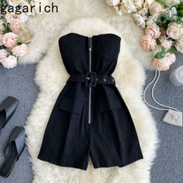 Ggarich Sexy Jumpsuit Women Zipper Wrapped Chest Summer Korean Style Ladies 2020 New Vintage Wide-Leg Bodysuit Fashion T200704