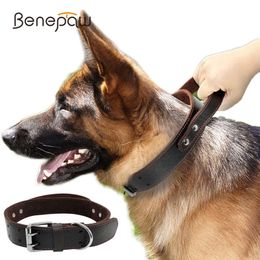 Benepaw Sturdy Genuine Leather Dog Collar Conrol Handle Fashion Durable Heavy Duty Pet Training Collar For Medium Large Dogs 201125