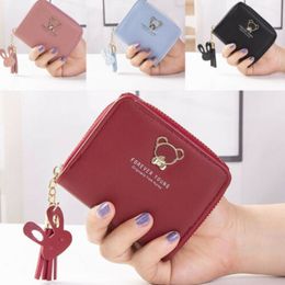 Designer- Women Solid Cute Coin Bag Case Leather Bear Tassel Small Handbag Purse Ladies Smart Female Mini Slim Card Wallet