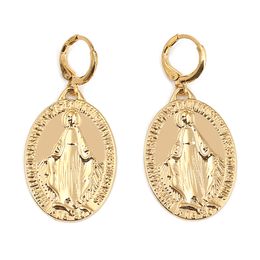 Virgin Mary Dangle Hoop Earrings For Women Girl Gold Colour Our Lady Cross Trendy Jewellery