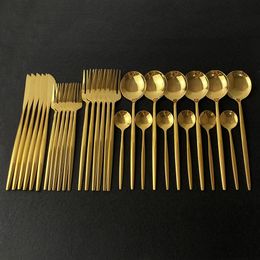 30Pcs Shiny Gold Cutlery Stainless Steel Dinnerware Knife Dessert Fork Spoon Dinner Silverware Kitchen Tableware Set 201116