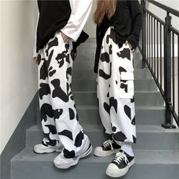 Cow Print Pants Women Korean Style Wide Leg Pants Harajuku Trousers Autumn Multiple pockets Sweatpants Clothes Streetwear Women 201106