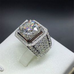 925 Sterling Silver Full Diamond Shiny Luxury Trend Style Honeycomb Boys Platinum Plated Imitation Zircon Wide Ring