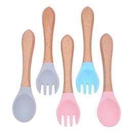 Silicone wood Fork spoon set Utensils Toddlers Feeding Accessories Forks spoons For Baby Convenient Cute 20220224 Q2