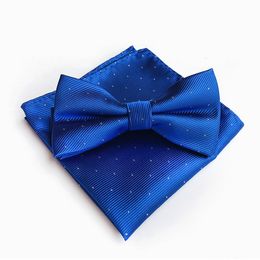 Groom Ties Silk Bowtie Handkerchief Sets for Mens Wedding Silver Polka Dots Printed Bow Ties Set