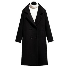 Black Coat Women Button Pockets V-Neck Double Breasted Loose Solid Long Wool Coat Fashion Woman Coats Winter Plus Size 201103