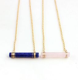 Fashion Pink Cylinder Gold Color Natural Stone bar statement necklace For Women Girl brand Jewelry