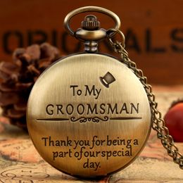 Black/Bronze To My Groomsman Mens Analogue Quartz Pocket Watch Necklace Pendant Chain Arabic Roman Number Dial Wedding Gift
