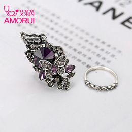AMORUI Vintage Jewelry rings Antique Silver Color Blue Purple Crystal Flower Butterfly Finger Ring For Women Wedding Set Rings