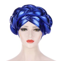 Fashion Bright Silk Coarse Twist Braid Turban Muslim Hijab Hat Cancer Hats Lady Head Bonnet for Women Hair Accessories Hair Loss