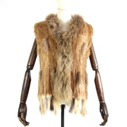 Harppihop Free shipping womens natural real rabbit fur vest with raccoon fur collar waistcoat/jackets rex rabbit knitted winte 201212