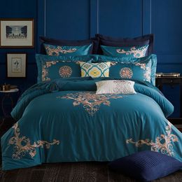 Embroidery Luxury Royal Bedding Set King Queen Size 60S Egyptian Cotton Silky 4/6pcs Boho Bed Set Duvet Cover Bed sheet set T200706