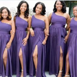 Purple One Shoulder Bridesmaid Dress Long Side Split Wedding Guest Dress Pleats Chiffon Maid Of Honor Gowns