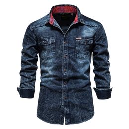 AIOPESON 100% Cotton Slim Fit Denim Shirts Men Casual Solid Color Long Sleeve s Jeans Autumn Fashion for 220309