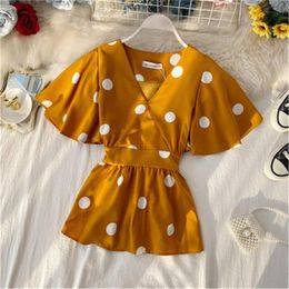 Women's Blouses & Shirts Korean Summer Women Skinny Butterfly Sleeve V-Neck Polka Dot Print Slim Shirt Ruffles Elegant Blouse 2022 Fashion Z