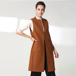 Plus Size Sleeveless Vest Cardigan Autumn Thin Woollen Vests Women O Neck Pocket Hem Split Long Waistcoat Ladies Black Vest Coats 201214
