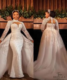 Plus Size Mermaid Wedding Dresses with Detachable Train 2022 Long Sleeve Luxury Pearls Lace Beaded African Aso Ebi Bridal Gown