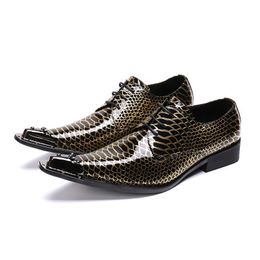 Pointed Iron Toe Men Shoes Python pattern Leather Dress Shoes Men Lace-up Luxury Designer's Oxfords Men zapatos de homb