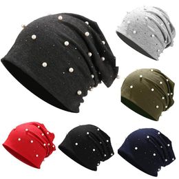 Women Adults Shine Pearls Beanie Hat Cotton Blend Fashion Autumn Wrap Elegant Decoration Casual Warm Free Size Rhinestones