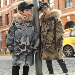 10 to 12 years Winter Down Jackets Girl Boys 2 pieces Thicken Coat Camouflage Print True Fur Hoodies Winter Teenage Clothes LJ201124