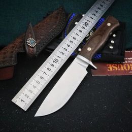 1pcs New Outdoor Survival Straight Hunting Knife M390 Satin Drop Point Blade Full Tang Linen Handle Fixed Blade Knives With Leather Sheath