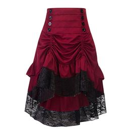 Saias trajes steampunk saia gótico rendas mulheres roupas de alto baixo plissado festa lolita vermelho punk botão frontal