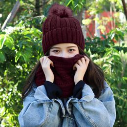 Hot Sale-Winter Ski Furry Pompon Wool Warm Hat for Women 2pcs Suit Knitted Beanies with Velvet Scarf Plush Windproof Cap