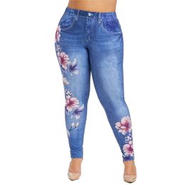 6XL Plus Size Women Floral Print Long Pant Imitation Denim Pants Ladies Zipper Tights Pant Female spodnie damskie Streetwear D30 201031