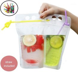 50PCS Disposable 500ml Juice Coffee Liquid Bag Vertical Zipper Seal Drink Bag Drink Pouches With Straw Party Household Storage1339W