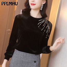 Women Velvet Shirts Spring Autumn casual shirts Lace Embroidery Sequined Glitter Plus Size 5xl 4xl T Shirt Long Sleeves Clothes 201125