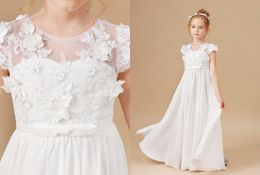 Elegant 3D Floral Flowers Lace Flower Girls Dresses for Wedding Party 2021 Short Sleeves Cheap Kid Pageant Prom Formal First Communion Dress