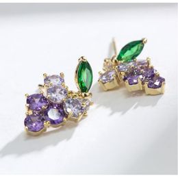 Stud Earrings For Women S925 Silver Needles Cubic Zirconia Elegant Vintage Purple Green Bunch Of Grapes Ear Studs Fine Jewellery