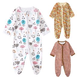Spring Autumn Baby Print Rompers Girls Long-Sleeved Floral Wrap Foot Zipper One-Piece Romper Toddlers Boys Clothing Jumpsuit Ins M3134