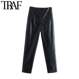 TRAF Women Fashion Front Welt Pockets Faux Leather Pants Vintage High Waist Zipper Fly Female Ankle Trousers Mujer 211216