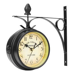 Outdoor Wall Clock Hanging Retro Double Sided Battery Powered Metal Mount Vintage Garden Coffee Bar Decoration Round Station LJ200827