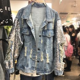 Spring New Heavy Industry Sequins Denim Jacket Women Loose Jeans Coats Outwear Holes Girls Lady Cowboy Jackets Streetwear 201017