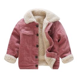 New Winter Lamb Wool Coat for Girls Kids Single Breasted Corduroy Jackets for 1 2 3 4 Years Olds Thicken Fleece Pockets Coats 201216