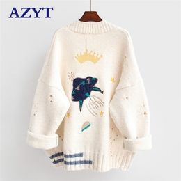AZYT Women Autumn Winter Knitted Cardigan Cartoon Embroidery Oversize Sweater Coat Harajuku Loose Elegant V Neck Women Cardigans 201128