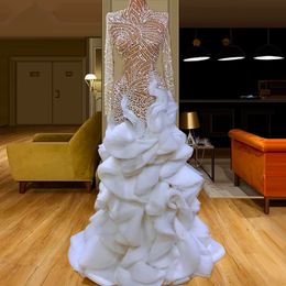 Luxurious Pearls Mermaid Wedding Dresses See Through Illusion Bridal Gown Custom Made Long Sleeves Ruffles Robes De Mariée