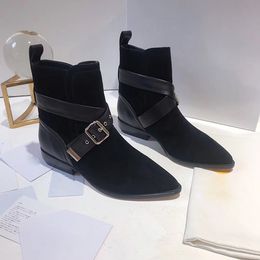 Hot Sale-Fashion and Quality black pointy genuine leather motorcycle short boots flats luxury designer elle heel 3cm size35-40