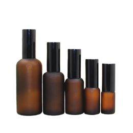 Empty Brown Frost Glass Essential Oil Bottle Black Spray Lotion Press Pump Cosmetic Packaging Refillable Container Perfume Vials 5ml 10ml 20ml 30ml 50ml 100ml