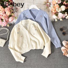 Floral Embroidery Women Sweater Coat Long Sleeve V-neck Hollow-out Knitwear New Korean Causal Short Cardigan 4D245 201222