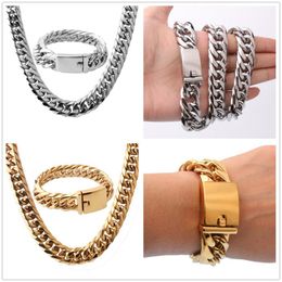 16mm Cool Huge 316L Stainless Steel Silver Gold Tone Cuban Curb Chain Mens Boys Necklace 24"&Bracelet Bangle 8.66" Jewellery